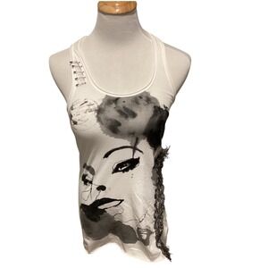 Bebe The Art of the Tee Graphic Tank Top White Safety Pin Metallic Trim XS